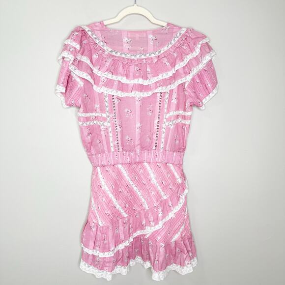 LoveShackFancy Bonita Mini Dress Ruffles Lace V-Neck Short Sleeve Pink Size M - Picture 3 of 8
